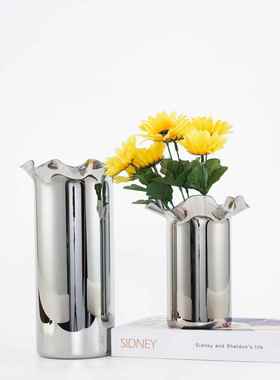 器玄客厅插花餐A2花边管桌样房板现代装饰插花创意玻璃银色花器摆