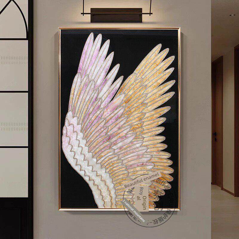 现代轻奢软装壁画珐琅彩羽毛玄关装饰画高端别墅挂画背景墙翅膀画