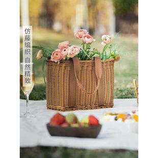 ZZ8N批发野餐篮子仿藤编织收纳篮水果篮户外春游野餐塑料挂篮购物