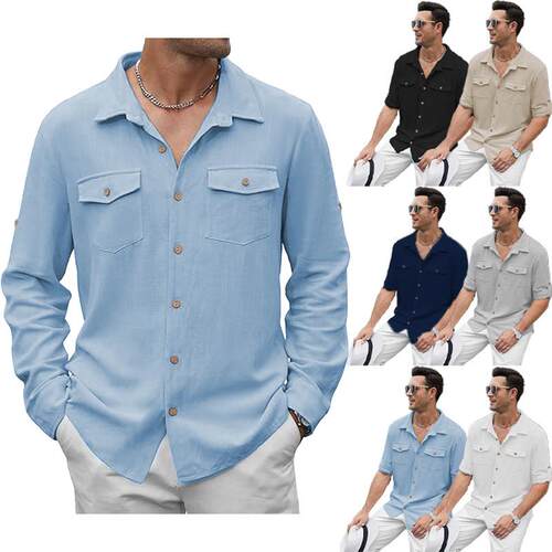Trendy shirts for men, cotton and linen long sleeved