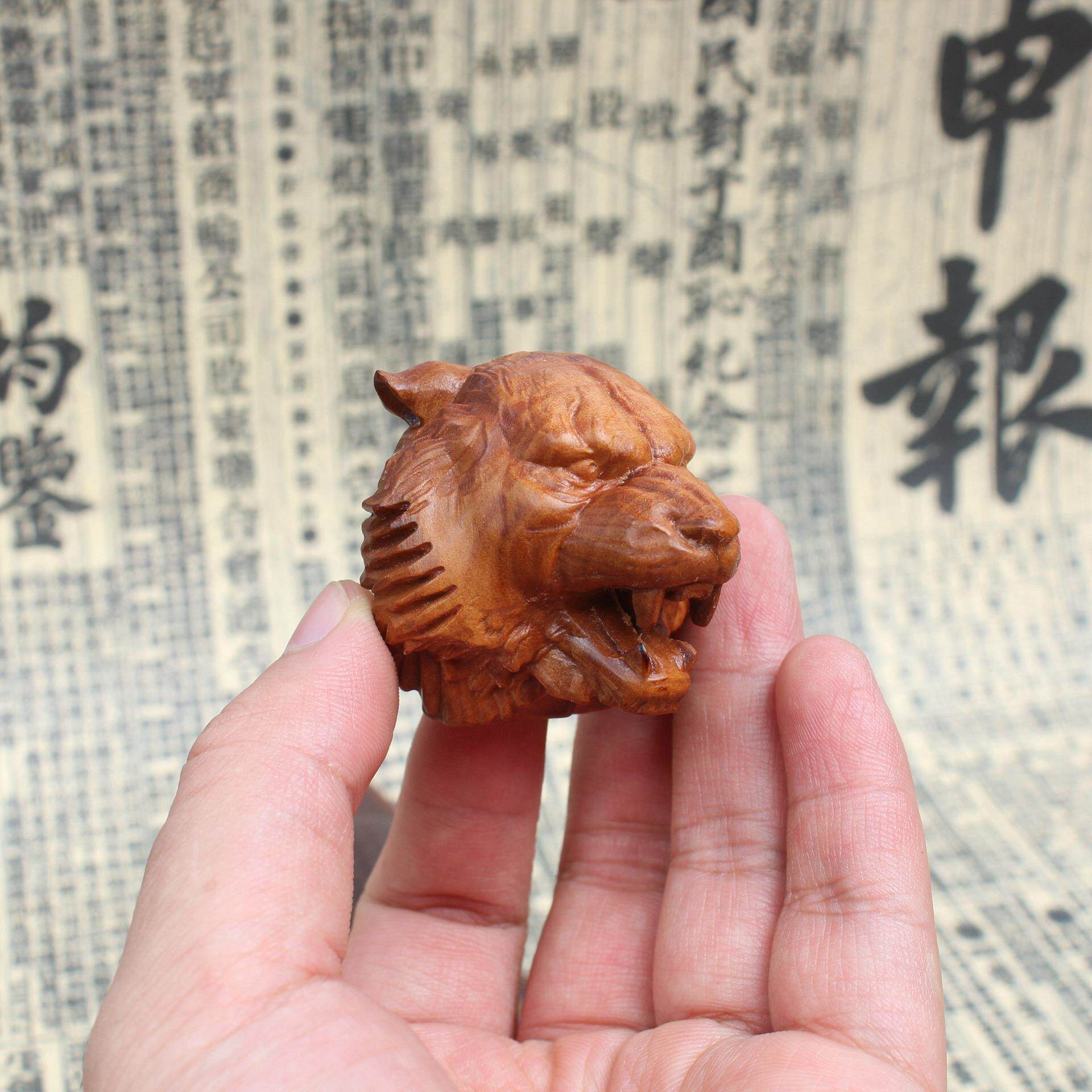 老料雷击枣木老虎头挂件生肖动物吊坠挂饰把玩木制工艺品精雕摆饰