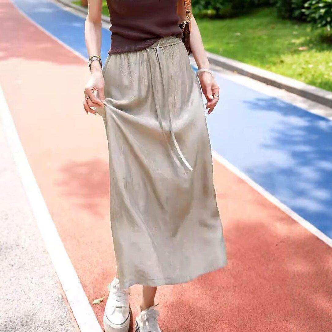 醋酸半身裙女2026夏季新款高腰显瘦直筒中裙小个子高级感开叉长裙