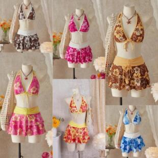 Women'S Floral Print Halter Bikini Set, Casual Style,