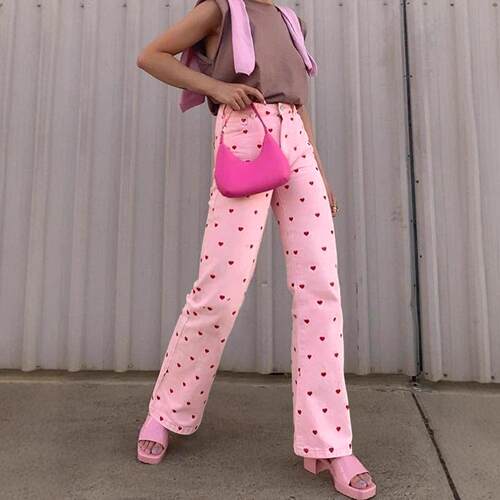 Women Casual Leg Pants Boho Trousers Heart Print Washed