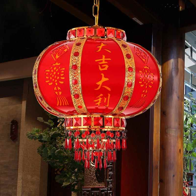 大红春节结婚水晶阳台门口插电吊灯大吉大利七彩乔迁旋转led灯笼