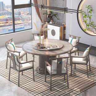 新中式 餐桌圆桌岩板轻奢小户型实木餐桌别墅餐厅饭店样板房间家具