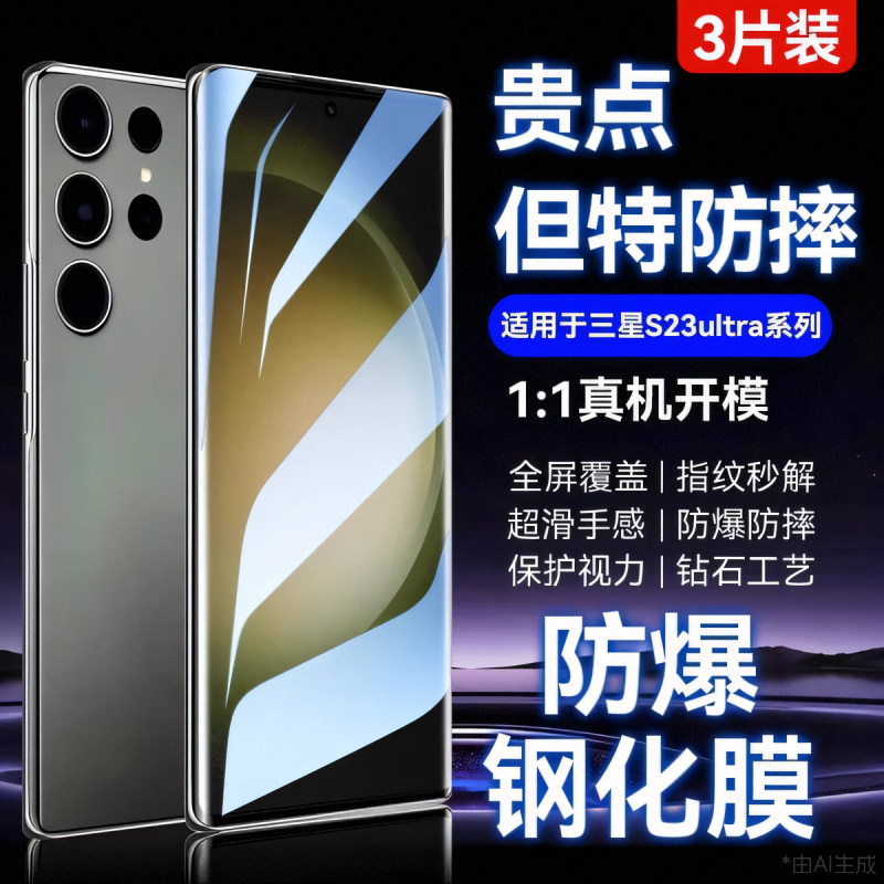 适用三星S23ultra钢化膜S24手机膜全屏S25防爆曲屏GalaxyS23FE秒