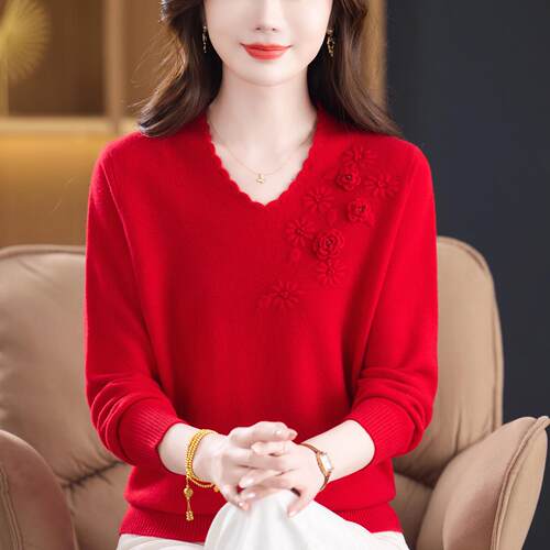 本命年妈妈装秋冬V领%山羊绒红色毛衣洋气中老年女羊毛打底衫