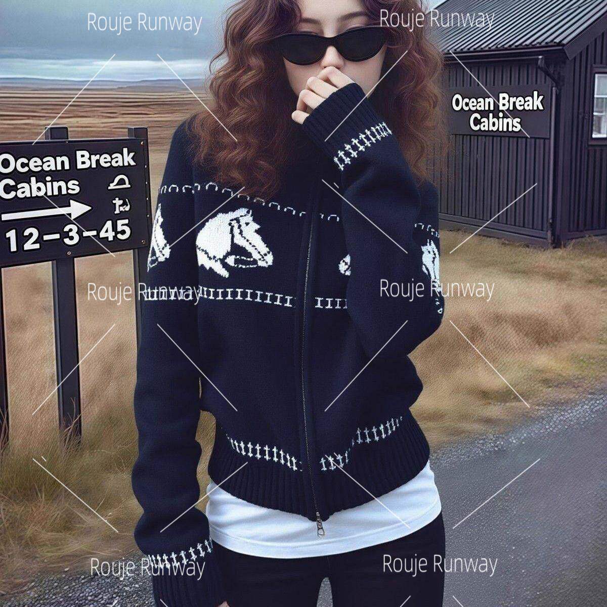 法式Rouje Runway费尔岛拉链加厚针织开衫女早春款时尚毛衣外套女
