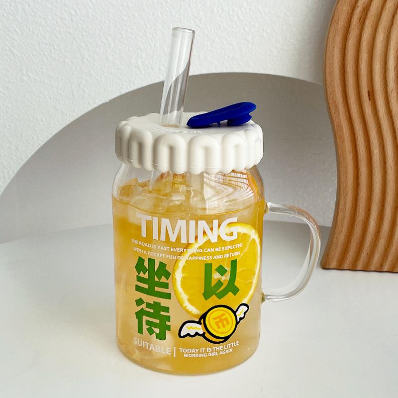 耐热玻璃杯女高颜值喝水杯便携带把手创意果汁杯大容量带盖吸管杯