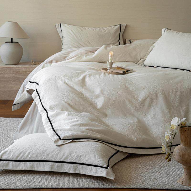 法式A类全棉贡缎超柔四件套长绒棉立体浮雕纯棉提花被套床单床笠