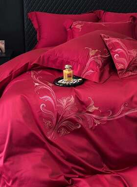 大版绣花婚庆巴洛克高档纯棉100S四件套结婚红色简约床上用品被套