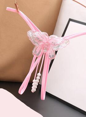Crotch Opening Women Thong Embroidered Butterfly Sequins Bea