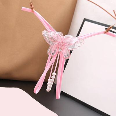Crotch Opening Women Thong Embroidered Butterfly Sequins Bea