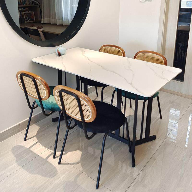 意式轻奢家用餐椅复古绒布靠背椅软座铁艺藤编椅子北欧电脑书桌椅