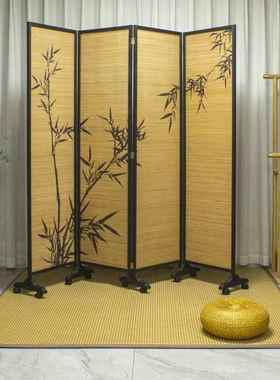 新中式实木屏风隔断客厅酒店入户玄关办公室遮挡宋代折叠移动竹编