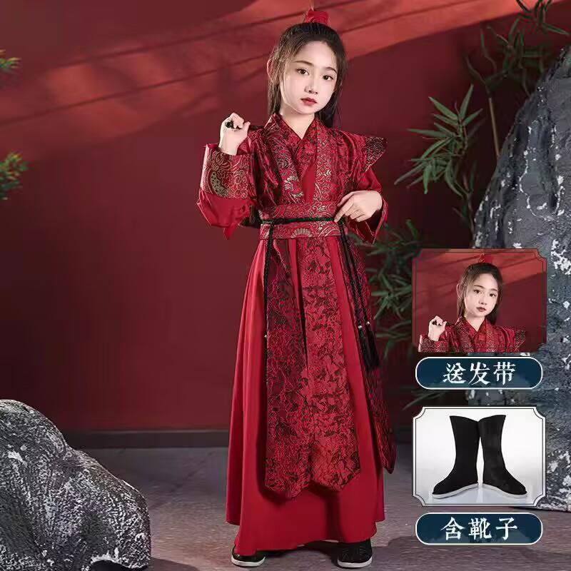 高档女童花木兰汉服春秋古风侠古装走秀武服装演出红色儿童霸气服图片