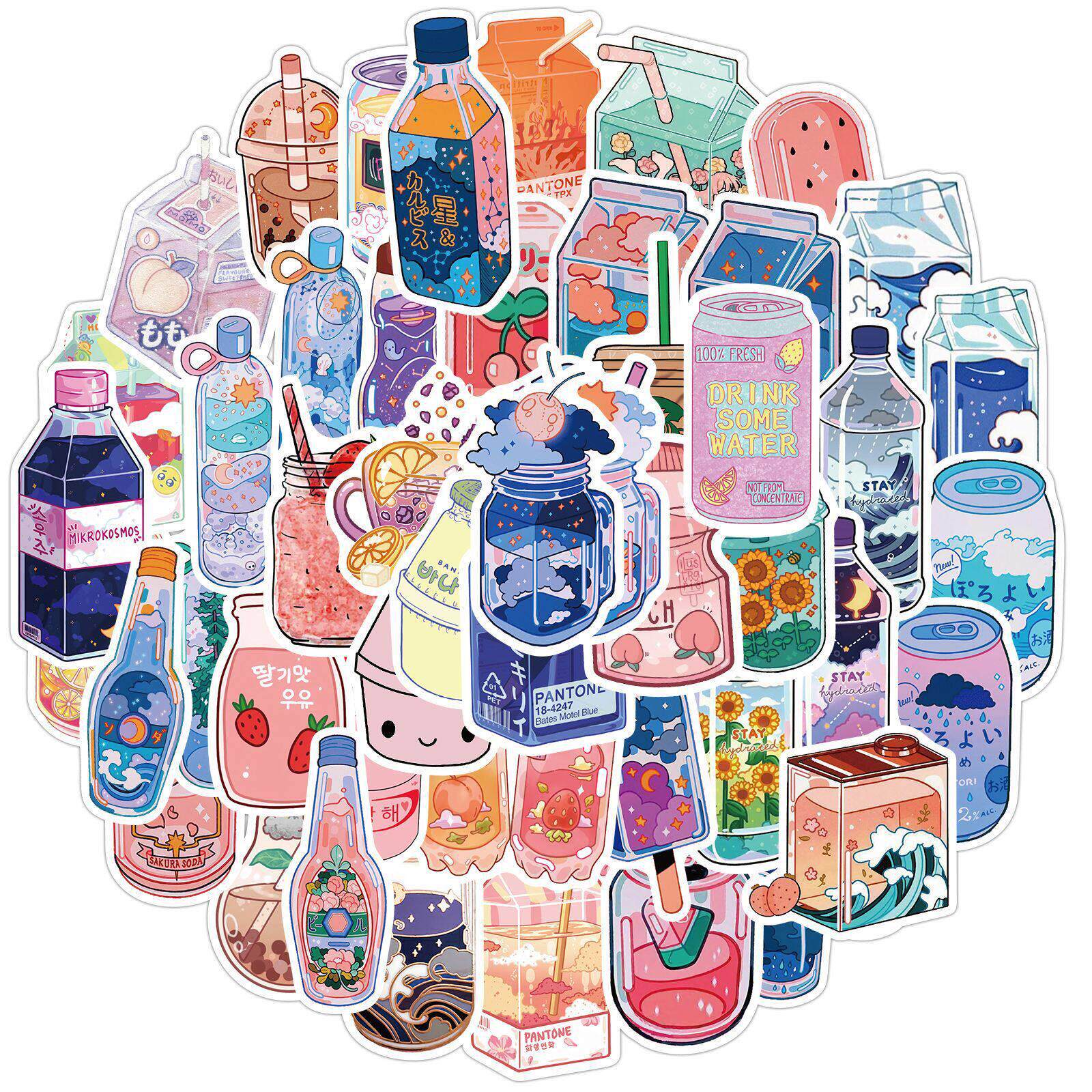 50PCS Cute Drink Aesthetic Stickers Cartoon Decal Scrapbook - 实物图