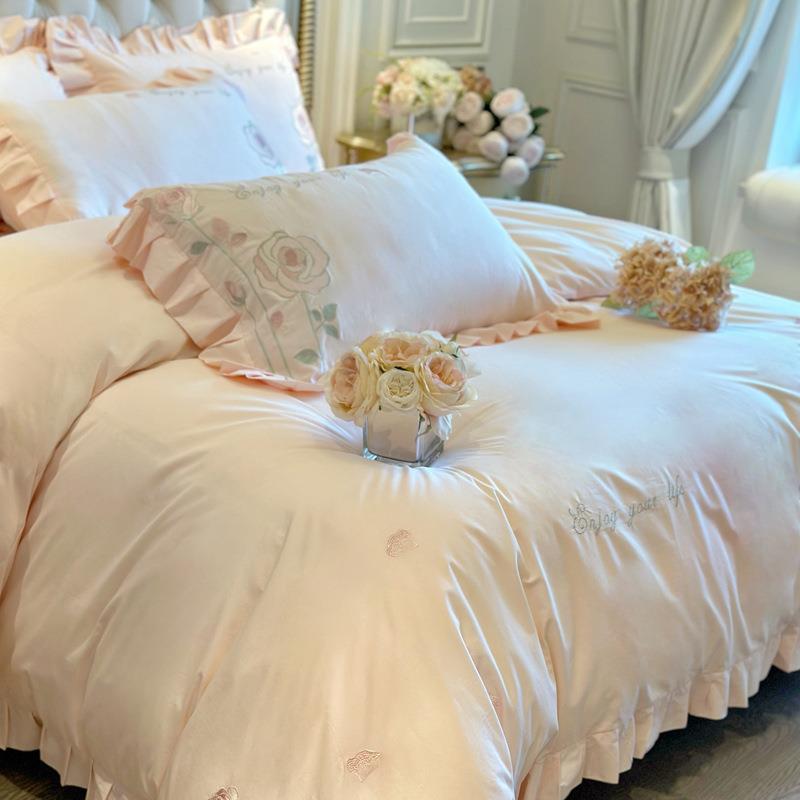 公主风棉上水洗棉四件套AWX88888少女荷心叶边刺绣全被套床单纯棉