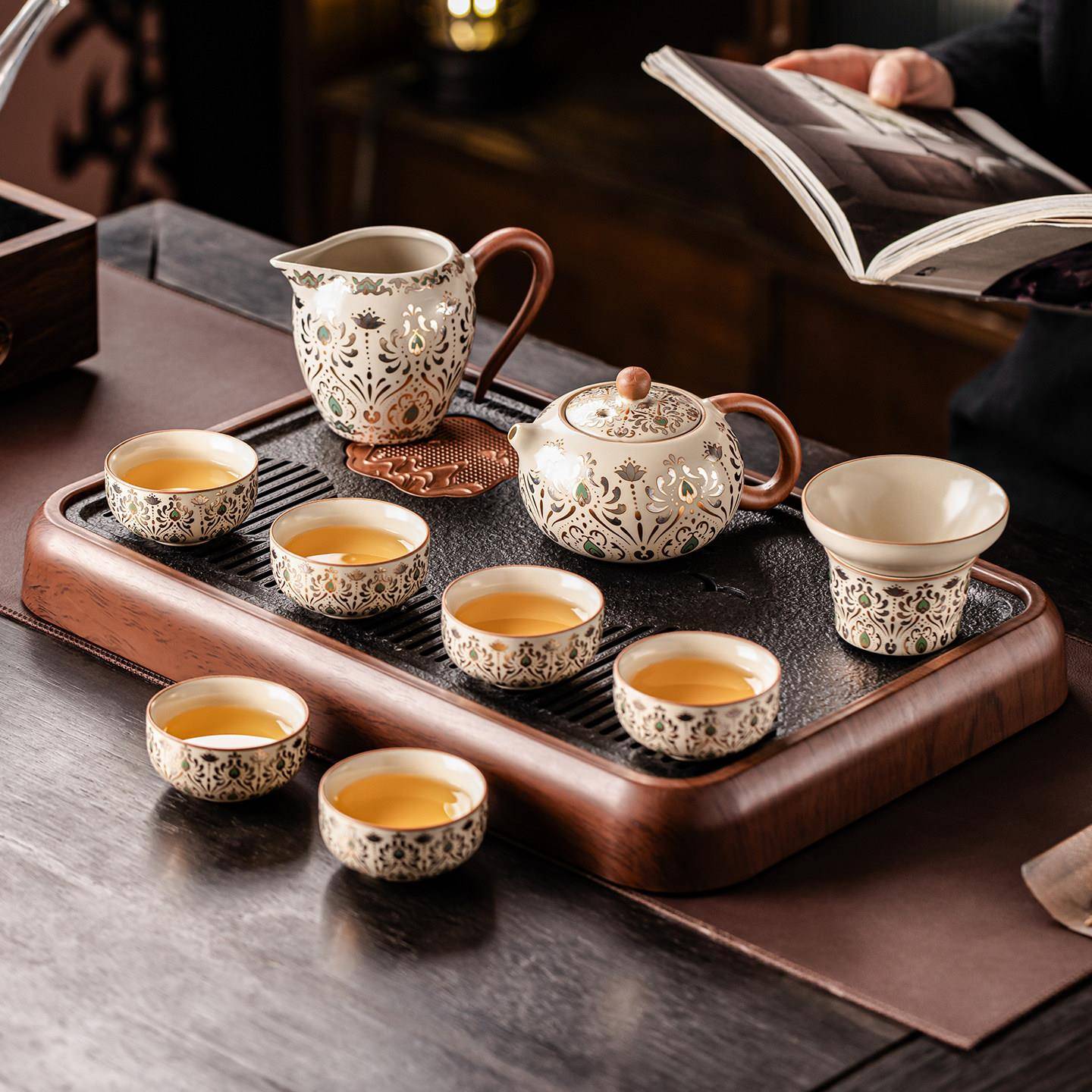 牌茗汝窑敦煌瓷整套夫茶具用轻家奢高功档盖汝窑清欢碗泡茶壶茶杯