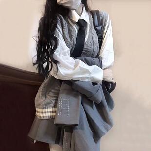 学院风JK制服叠穿三件套女春秋季针织马甲背心衬衫百褶裙套装学生