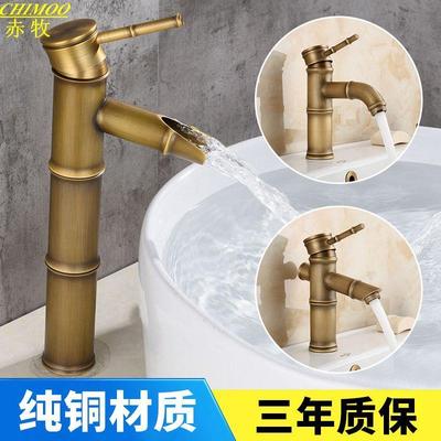 浴室黄铜拉丝竹子竹筒欧式全铜仿古冷热水龙头古铜色台上盆龙头