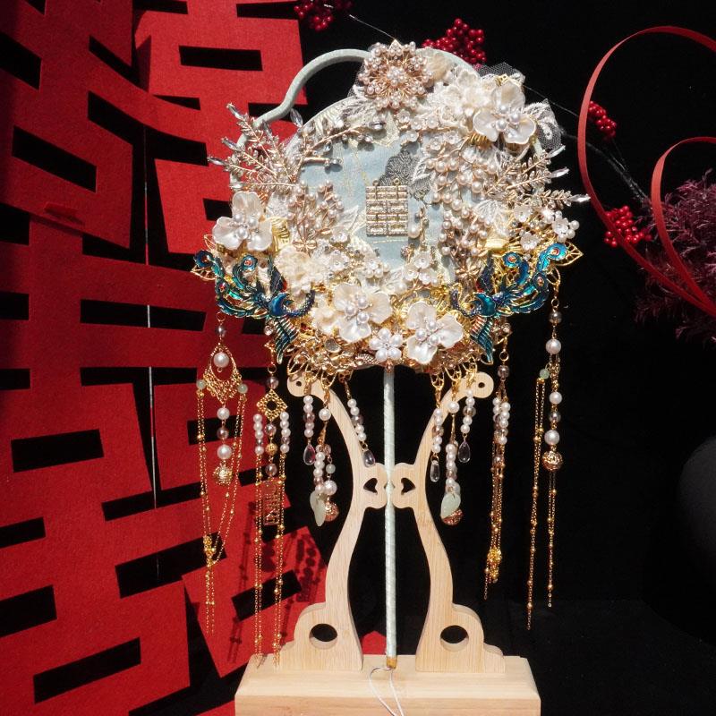 新娘结婚团扇蓝色重工款秀禾服喜扇中式古典手工DIY成品中式扇子