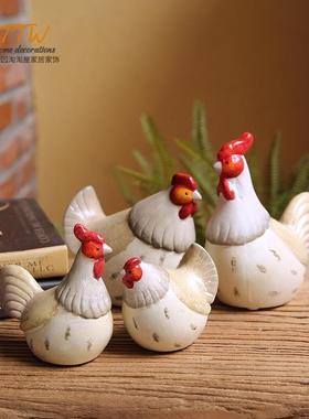 美式乡村彩色情侣鸡陶瓷室内阳台家居隔板店面橱窗装饰品橱柜摆件