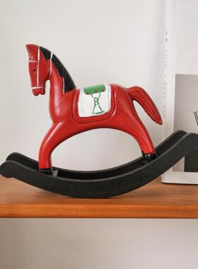 复古木质小马摆件红色手绘装饰品桌面工艺品家居风格