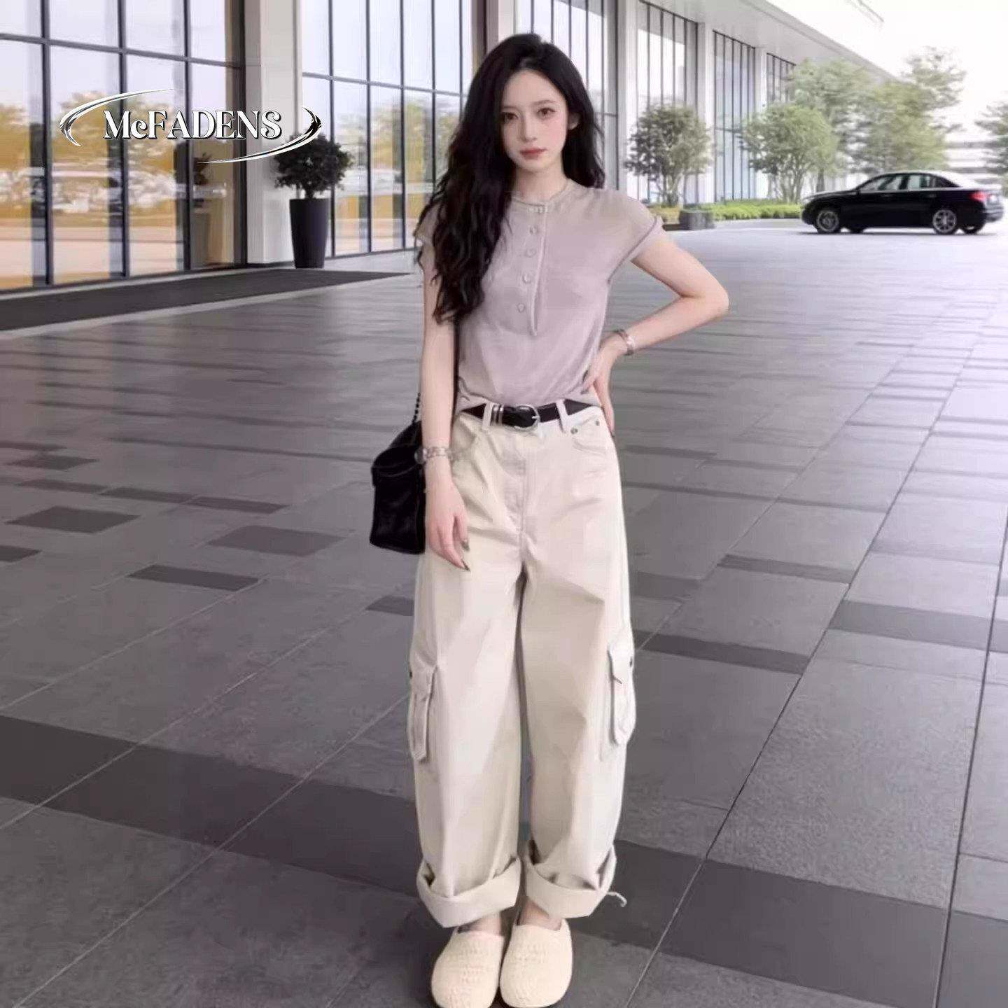 香港夏季一整套大码胖mm短袖上衣工装阔腿裤通勤减龄高级感套装女