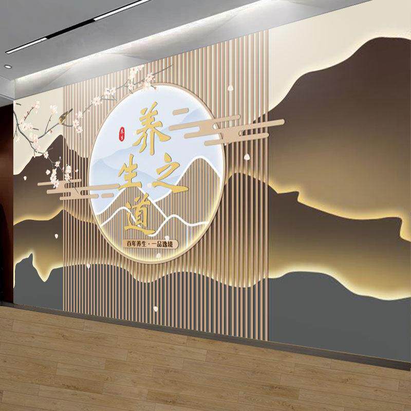 美容院前台背景墙布养生文化壁画 画足疗店Logo墙壁纸会所背景墙