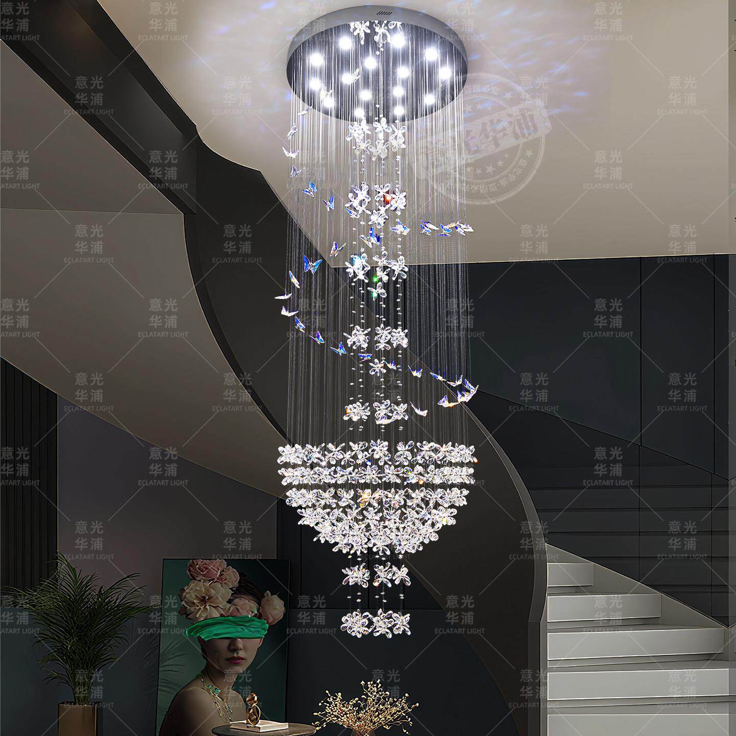 别墅客厅挑空大吊灯覆式楼lotf大厅水晶花蝴蝶吊灯公寓楼梯间吊灯