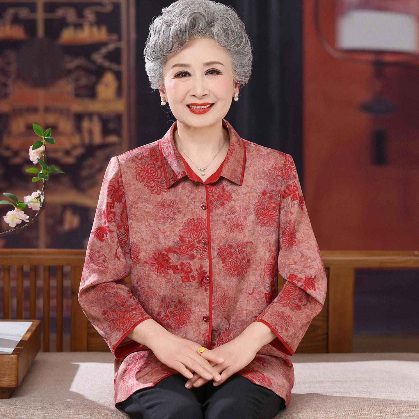 大码中老年人开衫夏装桑蚕丝100%套装时尚奶奶宽松真丝翻领上衣薄
