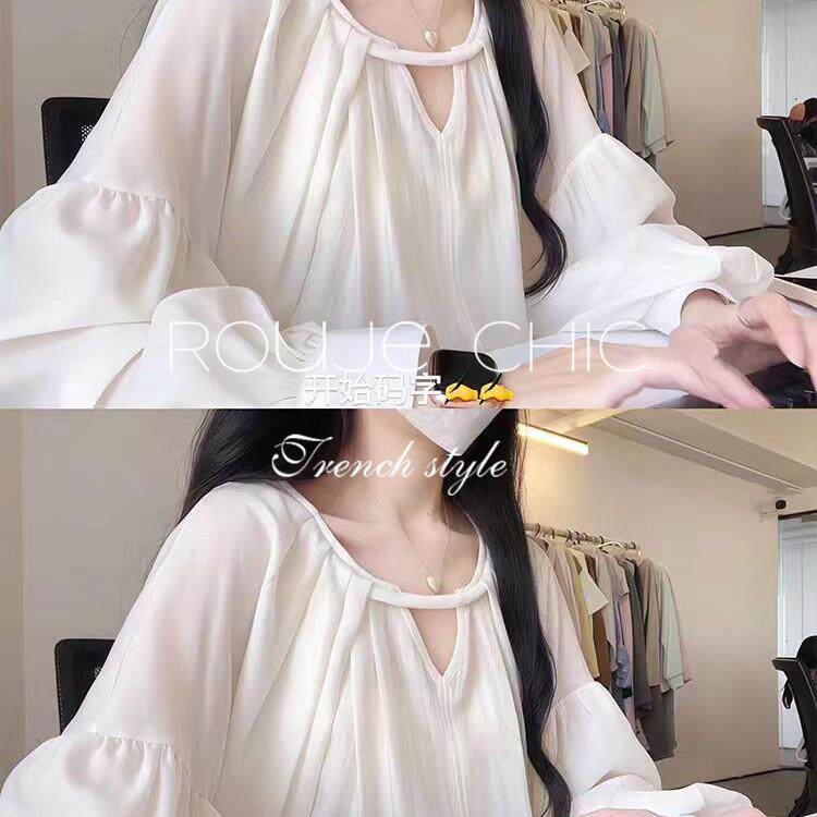 法国rouje chic法式温柔风v领灯笼长袖衬衫女春季宽松慵懒感衬衣
