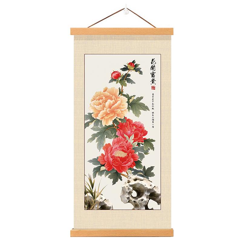 牡丹花开富贵客厅挂画书房玄关装饰画新中式布艺实木挂轴墙画壁画图片