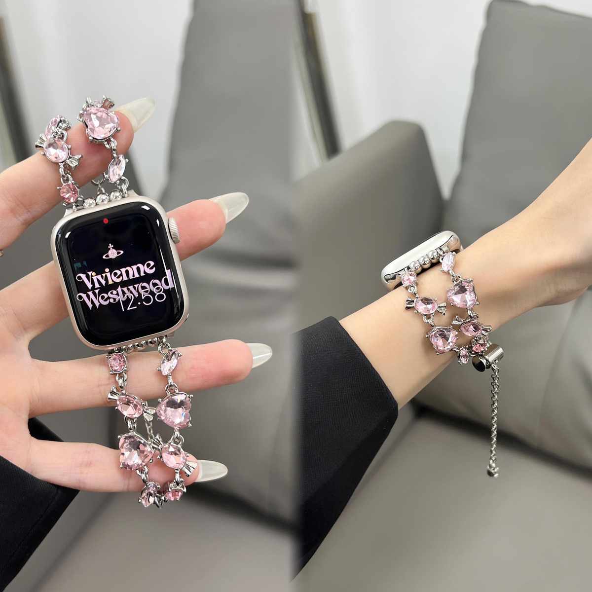 适用苹果手表iwatch9表带爱心糖果宝石彩钻applewatch8伸缩链条女