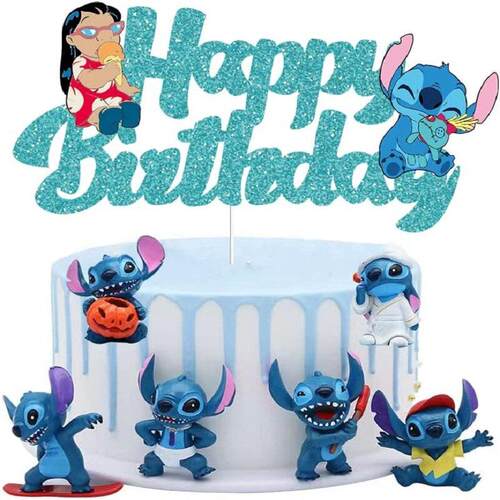 Lilo & Stitch Blue Glitter Cake Topper ?Happy Birthday Decor