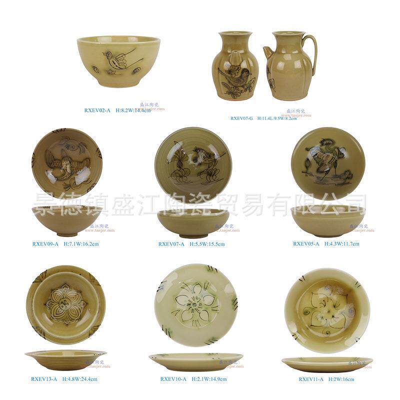 复古铜官窑陶瓷陶瓷饭碗菜盘纯手工制作油壶古风民宿酒店茶碗茶盘