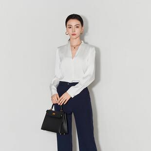 春秋新简约气质通勤长袖V领无领西装内搭白色长袖职业衬衫衬衫女