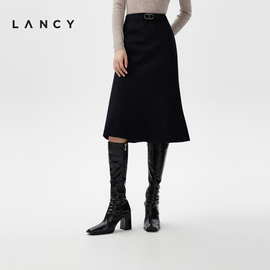 LANCY/朗姿2023秋冬黑色中长款羊毛半身裙高腰鱼尾裙法式优雅