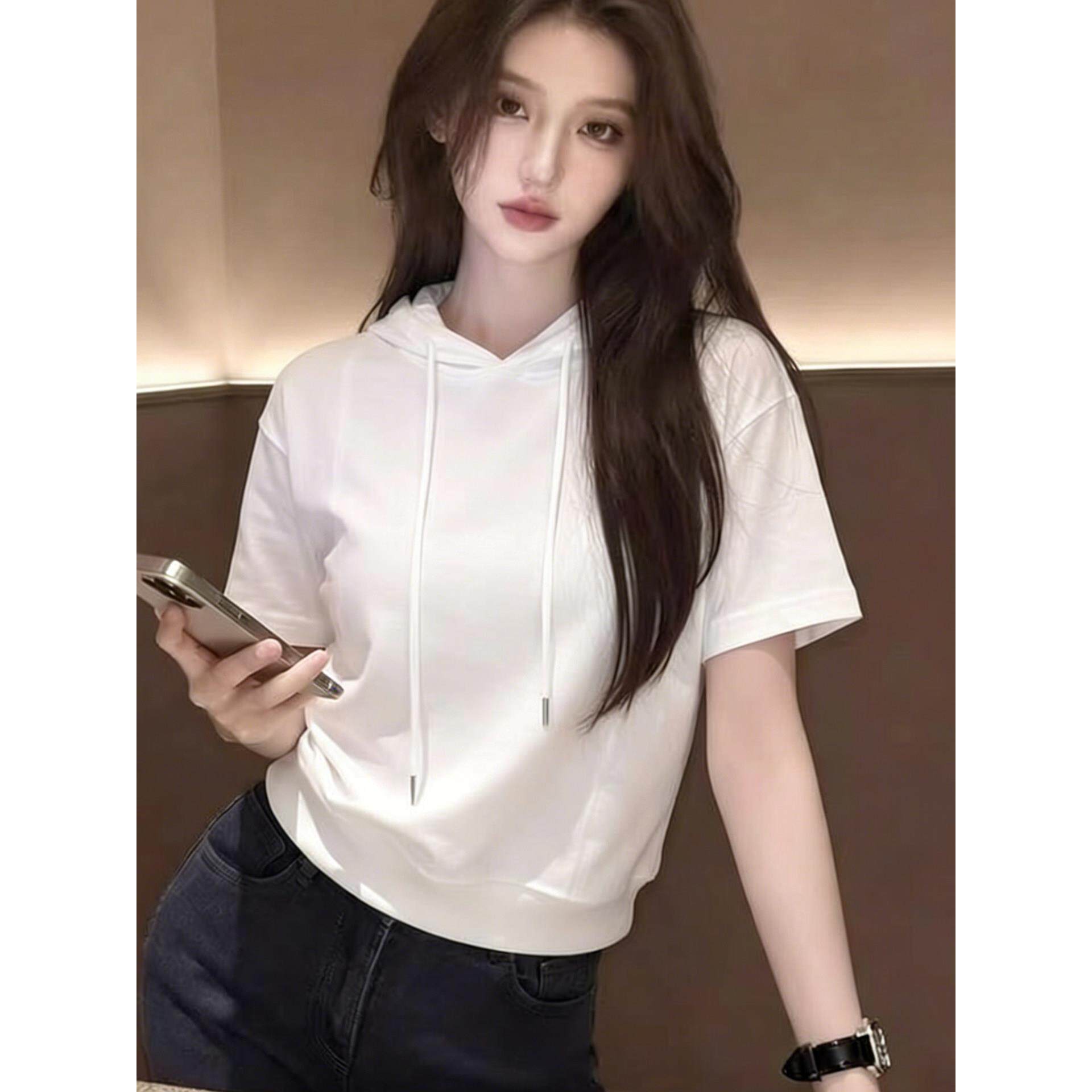 潮牌简约纯色百搭通勤设计感连帽t恤小众别致韩版潮流短袖上衣女