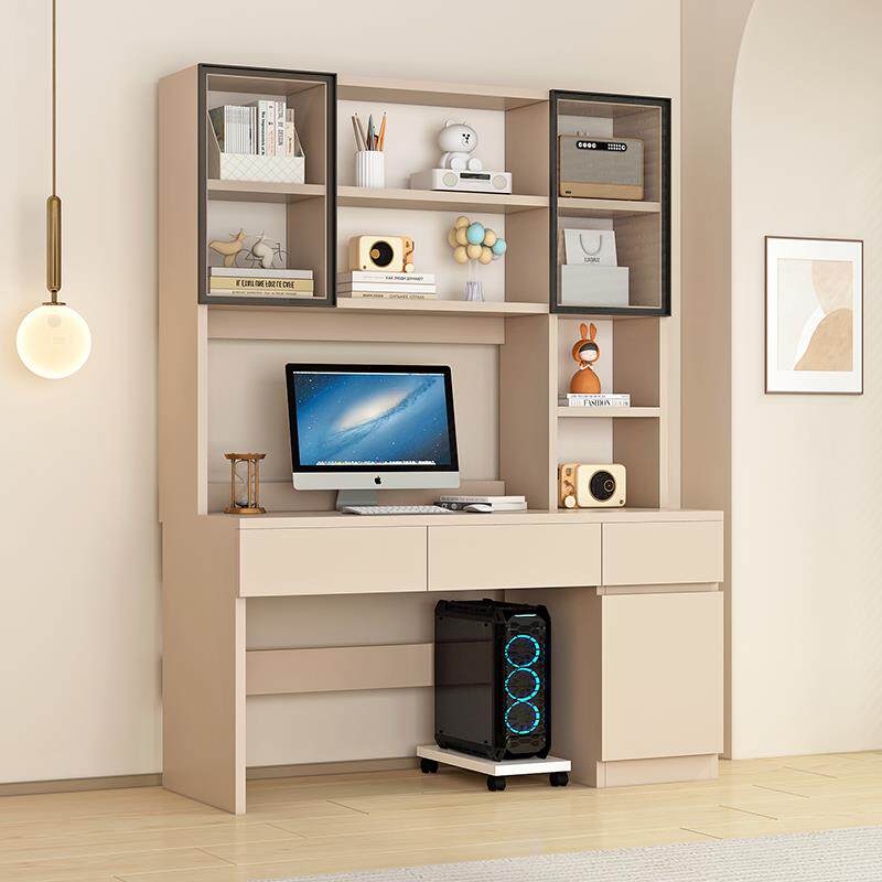 桦崟实木书桌书架书柜一体电脑桌学生卧室家用学习桌小户型写字桌书架摆件饰品床笠拉车