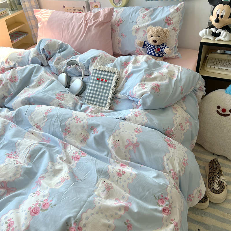 紫色少女心ins小碎花水洗棉麻四件套床单纯色被套床上三件套床笠3