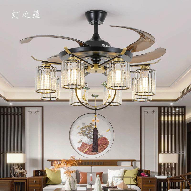 水晶新中式风扇灯隐形客厅灯扇吊灯遥控仿古中国风饭店餐馆餐厅灯