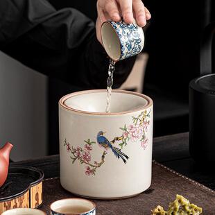 汝窑渣缸家用大号带盖茶飞灰MIE茶盂茶洗茶道配件茶防桶陶水瓷储