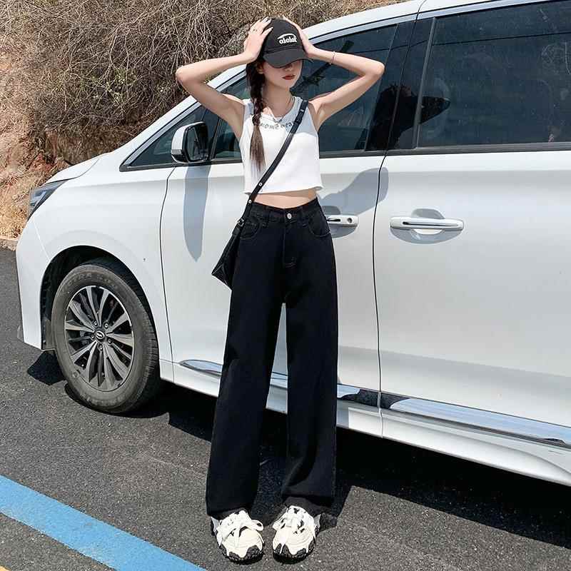 黑色柔软阔腿高腰牛仔裤女夏季薄款宽松显高显瘦直筒拖地裤子定制
