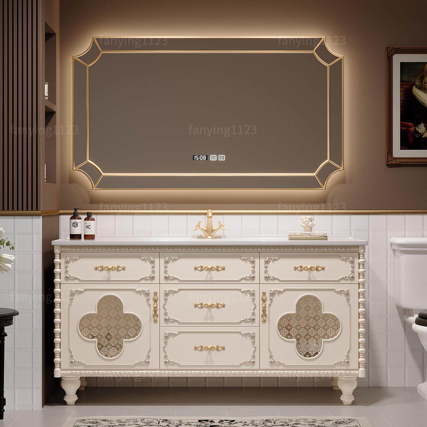 法式复古橡木浴室柜组合落地式卫生间洗漱台洗手脸盆柜陶瓷一体盆