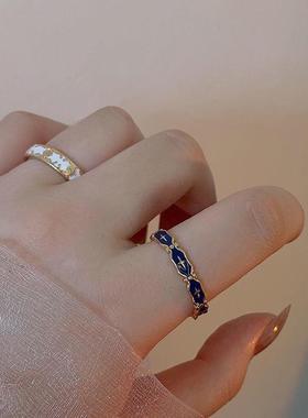 气质珐琅戒指女花纹孔雀绿锆石小众设计感轻奢潮艺术品食指戒