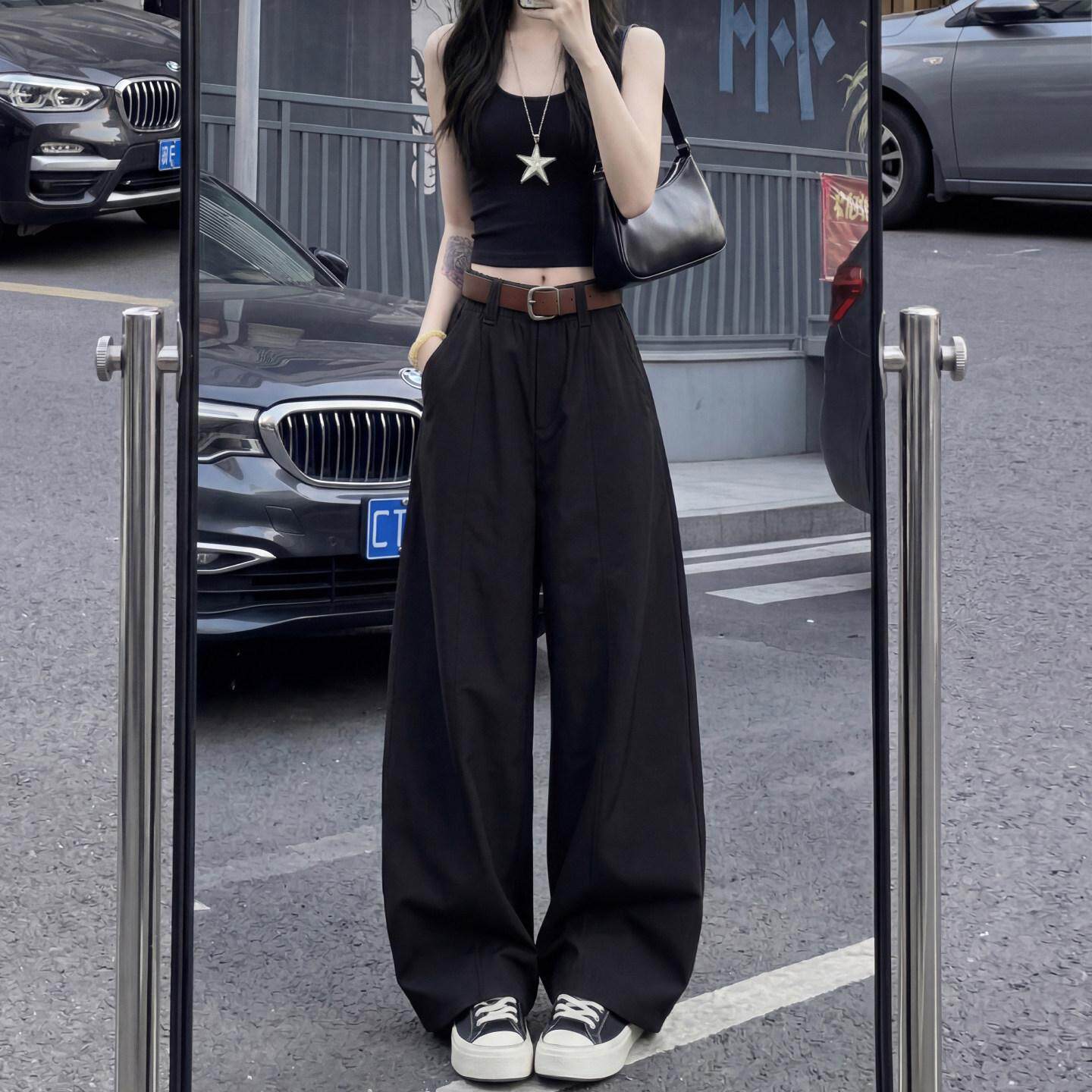 黑色弯刀裤女2026新款夏季薄款小个子高腰垂感休闲运动直筒工装裤