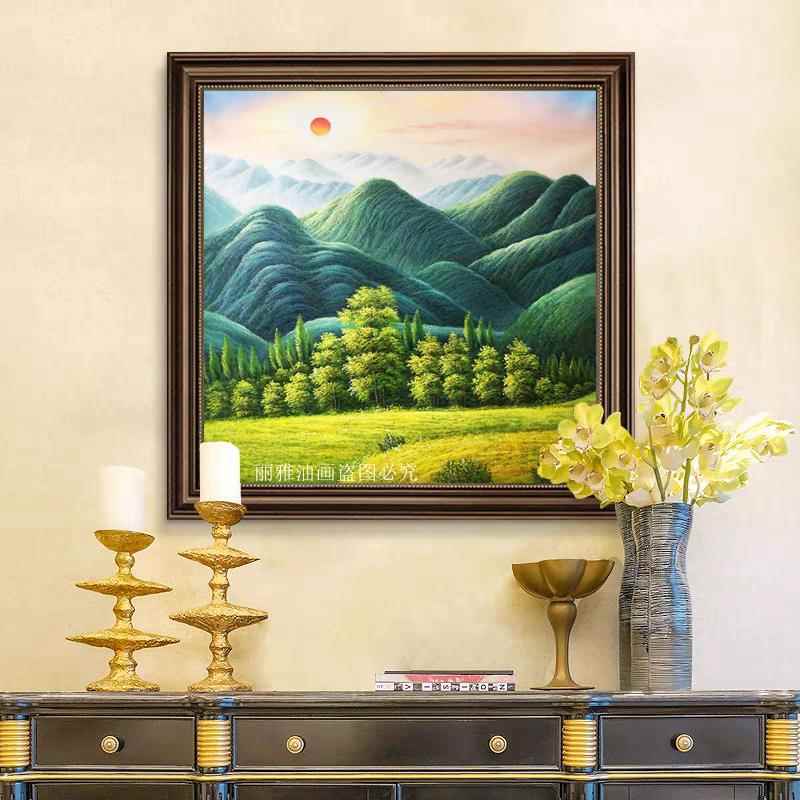 欧式玄关走廊过道装饰画客餐厅巨人山手工绘绿色靠山风景太阳油画图片